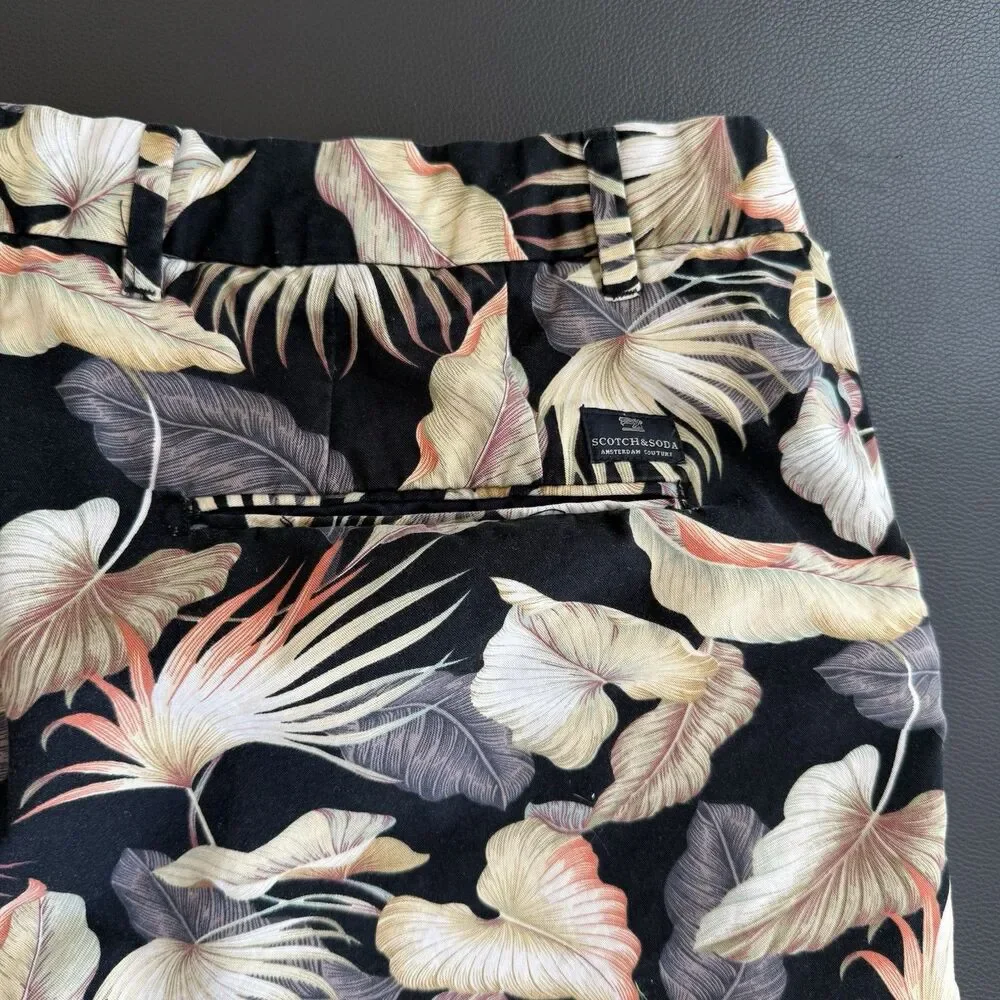 Scotch & Soda Men Sz 32 Tropical Palm Leaf Chino Shorts Black Botanical Coastal